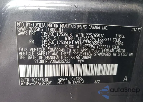 2013 Toyota Rav4 Le z USA, uszkodzony, nr VIN 2T3BFREV3DW029722